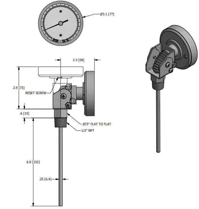 Drawings of SI-WSS Adjustable Angle Bimetal Thermometer