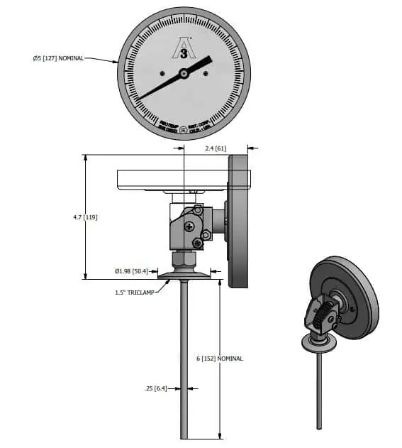 Drawings of SI-WSS Adjustable Angle Bimetal Thermometer