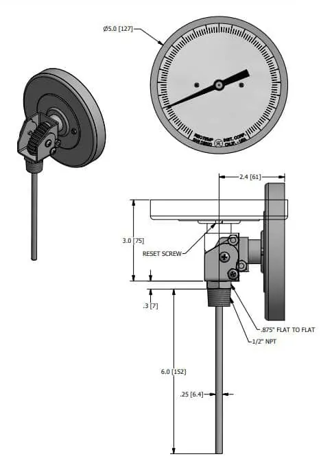 Drawings of SI-WSS Adjustable Angle Bimetal Thermometer