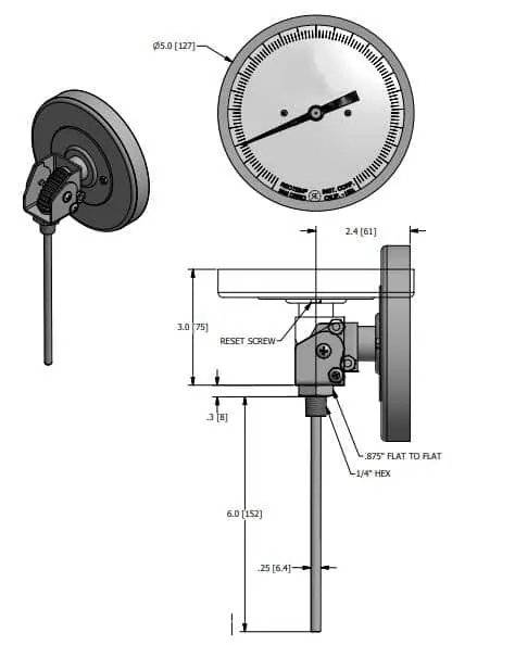 Drawings of SI-WSS Adjustable Angle Bimetal Thermometer