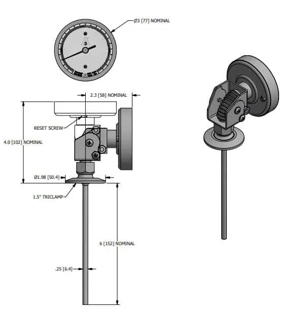 Drawings of SI-WSS Adjustable Angle Bimetal Thermometer