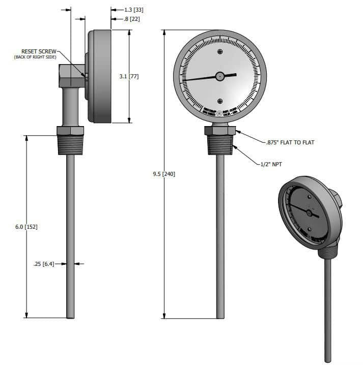 BOTTOM CONNECT BIMETAL THERMOMETER DRAWINGS