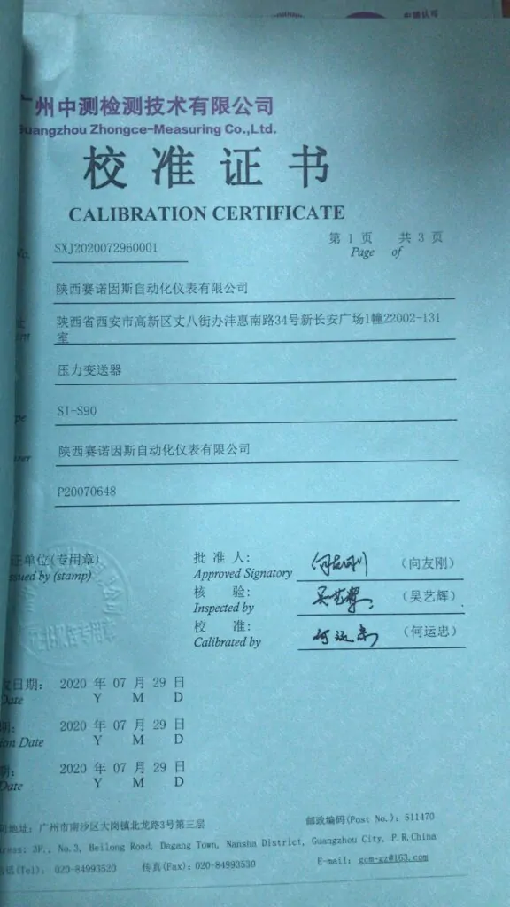 Pressure Sensor Calibration Certificate